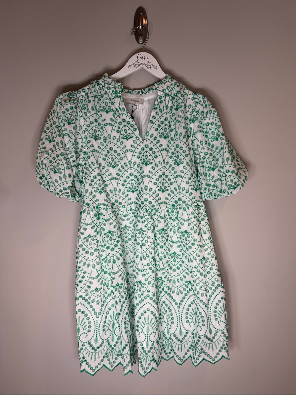 AVARA Green White Eyelet Puff Sleeve Mini Dress NWT Size S
